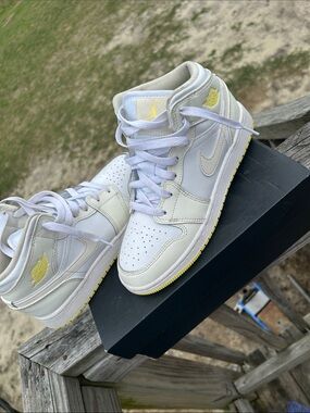 Jordan Kids White and Pale Yellow Mid-Top Sneakers